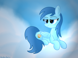 Size: 4032x3016 | Tagged: safe, artist:rainbowšpekgs, blue october, blueberry muffin, pegasus, pony, background pony, blue eyes, cloud, female, folded wings, high res, hooves, lidded eyes, lying, lying down, lying on a cloud, mare, on a cloud, prone, signature, sky, smiling, solo, tail, wings