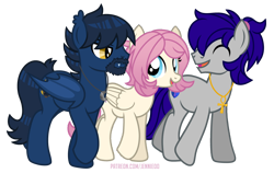 Size: 1200x758 | Tagged: safe, artist:jennieoo, oc, oc only, oc:atin nyamic, oc:gentle star, oc:maverick, bat pony, earth pony, pegasus, pony, ^^, bat pony oc, bat wings, blue mane, chat, chatting, cute, ear fluff, ear tufts, earth pony oc, eyes closed, facial hair, female, folded wings, friends, happy, hooves, jewelry, looking at each other, looking at someone, male, mare, necklace, ocbetes, open mouth, open smile, pegasus oc, pink mane, show accurate, signature, simple background, slit pupils, smiling, stallion, transparent background, trio, walking, wings