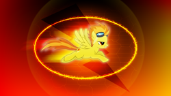 Size: 3840x2160 | Tagged: safe, artist:game-beatx14, artist:korikian, edit, spitfire, pegasus, pony, g4, female, flying, high res, mare, show accurate, solo, spread wings, wallpaper, wallpaper edit, wings