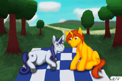 Size: 3000x2000 | Tagged: safe, artist:alfa007, moonlight raven, oc, oc:alfa, pony, unicorn, g4, canon x oc, high res, outdoors, picnic, picnic blanket, pregnant, tree