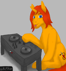 Size: 749x803 | Tagged: safe, artist:alfa007, dj pon-3, vinyl scratch, oc, oc:alfa, pony, unicorn, g4, music playing