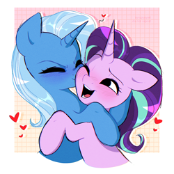 Size: 1962x1962 | Tagged: safe, artist:syrupyyy, starlight glimmer, trixie, pony, unicorn, g4, blushing, cheek kiss, cute, diatrixes, duo, duo female, eyes closed, female, glimmerbetes, heart, horn, hug, kissing, lesbian, mare, one eye closed, open mouth, open smile, ship:startrix, shipping, smiling, wink