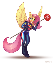 Size: 1200x1425 | Tagged: safe, alternate version, artist:asimos, fluttershy, pegasus, anthro, unguligrade anthro, g4, blushing, clothes, formula 1, jumpsuit, mechanic, open mouth, racing suit, red bull, sign, simple background, solo, teary eyes, white background