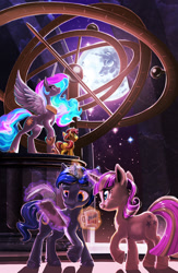 Size: 1000x1533 | Tagged: safe, artist:harwick, night light, princess celestia, sunset shimmer, twilight velvet, alicorn, pony, unicorn, g4, female, filly, filly sunset shimmer, foal, full moon, glowing, glowing horn, hoof shoes, horn, husband, husband and wife, implied twilight sparkle, jewelry, leg fluff, male, mare, mare in the moon, moon, mug, night, observatory, preglight velvet, pregnant, pregvelvet, raised hoof, regalia, ship:nightvelvet, shipping, stallion, stars, straight, wife, younger