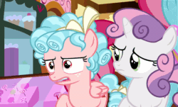 Size: 800x484 | Tagged: safe, screencap, cozy glow, cup cake, sweetie belle, earth pony, pegasus, pony, unicorn, g4, marks for effort, season 8, animated, bow, cozybetes, curly mane, cute, diasweetes, female, filly, foal, freckles, frustrated, gif, lidded eyes, looking at each other, looking at someone, sugarcube corner, talking, two toned mane, wings