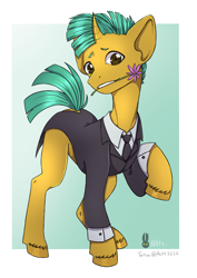 Size: 1446x2039 | Tagged: safe, artist:natt333, snails, pony, unicorn, g4, clothes, flower, flower in mouth, looking at you, mouth hold, raised hoof, solo, suit