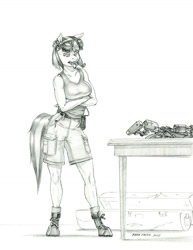 Size: 1000x1292 | Tagged: safe, artist:baron engel, coco pommel, earth pony, anthro, unguligrade anthro, g4, breasts, clothes, dreamscape, female, grayscale, gun, mare, monochrome, open mouth, pencil drawing, rifle, shorts, story in the source, story included, traditional art, weapon