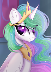 Size: 1748x2480 | Tagged: safe, artist:janelearts, princess celestia, alicorn, pony, g4, bust, crown, cute, cutelestia, jewelry, looking at you, peytral, portrait, regalia, smiling, solo, sparkly mane