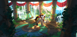 Size: 3200x1565 | Tagged: safe, artist:redchetgreen, oc, oc only, pony, unicorn, clothes, hourglass, mountain, pillar, ruins, scenery, solo, waterfall