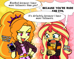 Size: 2268x1810 | Tagged: safe, artist:rileyav, adagio dazzle, sunset shimmer, equestria girls, g4, angry, cellphone, dialogue, duo, jealous, meta, music festival outfit, phone, sharp teeth, smartphone, smiling, smug, tears of anger, teary eyes, teeth, twitter