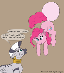 Size: 1130x1280 | Tagged: safe, artist:thedigodragon, pinkie pie, zecora, earth pony, pony, zebra, g4, airborne, bubblegum, duo, ear piercing, earring, female, floating, food, gum, implied farting, jewelry, mare, neck rings, piercing, pinkie being pinkie, speech bubble, the implications are horrible