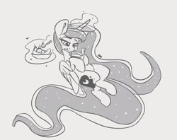 Size: 2899x2295 | Tagged: safe, artist:leadhooves, princess luna, alicorn, pony, g4, banana split, book, crossed legs, cute, eating, ethereal mane, female, food, glowing, glowing horn, gray background, grayscale, high res, horn, ice cream, levitation, lidded eyes, lunabetes, magic, mare, monochrome, reading, simple background, solo, starry mane, telekinesis