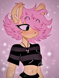 Size: 1536x2048 | Tagged: safe, artist:skittywanuskitz, fluttershy, anthro, g4, alternate hairstyle, belly button, blushing, clothes, eyebrows, eyebrows visible through hair, female, hair over one eye, jewelry, midriff, necklace, panties, short mane, solo, sparkles, underwear, wingless, wingless anthro