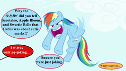 Size: 1280x720 | Tagged: safe, edit, edited screencap, editor:korora, screencap, rainbow dash, pegasus, pony, g4, maud pie (episode), season 4, angry, blatant lies, censored vulgarity, cuties, dialogue, grawlixes, implied apple bloom, implied oc, implied scootaloo, implied sweetie belle, offscreen character, ragebow dash, rainbow dash is best facemaker, speech bubble, this will end in pain, this will end in tears, what has been seen