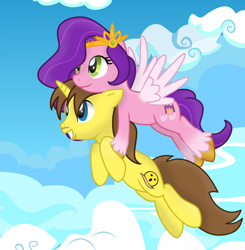 Size: 1920x1956 | Tagged: safe, artist:grapefruit-face, pipp petals, oc, oc:grapefruit face, pegasus, pony, unicorn, g5, my little pony: a new generation, base used, carrying, cloud, flying, grapepipp, happy, holding a pony, show accurate, sky
