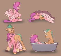 Size: 1280x1188 | Tagged: source needed, safe, artist:itssim, hitch trailblazer, pipp petals, earth pony, pegasus, pony, g5, my little pony: a new generation, adorapipp, bathtub, blanket, blushing, brown background, bubble, claw foot bathtub, couple, cuddling, cute, female, happy, hitchbetes, itssim is trying to murder us, looking at each other, looking at someone, love, male, mare, pipp is short, ship:pitch, shipping, shy, simple background, stallion, straight, wholesome, wing blanket, winghug, wings