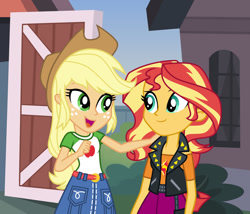 Size: 1024x877 | Tagged: safe, artist:emeraldblast63, applejack, sunset shimmer, comic:the tale of two sunsets, equestria girls, g4, applejack's hat, clothes, cowboy hat, cutie mark on clothes, duo, duo female, female, hat, open mouth, story in the source, vest