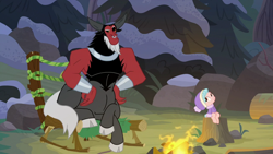 Size: 1280x720 | Tagged: safe, edit, edited screencap, screencap, cozy glow, lord tirek, frenemies (episode), g4, campfire, clothes, rocking chair, snow, stump, winter outfit