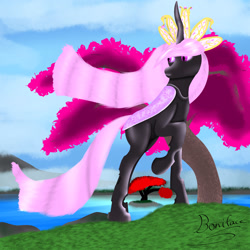 Size: 3000x3000 | Tagged: safe, artist:saint boniface, oc, oc only, oc:invicta, changeling, changeling queen, cloud, day, female, high res, lake, long mane, looking back, mare, mountain, outdoors, purple changeling, raised hoof, signature, sky, solo, tree, water