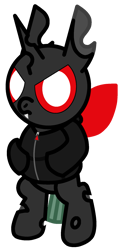 Size: 925x1896 | Tagged: safe, artist:theunidentifiedchangeling, oc, oc:rage(unidentified), changeling, bipedal, changeling oc, clothes, fangs, hoodie, horn, looking at you, red changeling, simple background, solo, three quarter view, transparent background, wings, zipper