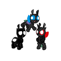 Size: 4096x4096 | Tagged: safe, artist:theunidentifiedchangeling, oc, oc:lone lone(unidentified), oc:rage(unidentified), oc:uni(unidentified), changeling, bipedal, changeling oc, clothes, fangs, happy, hoodie, horn, looking at you, red changeling, simple background, solo, three quarter view, transparent background, wide smile, wings, worried, zipper