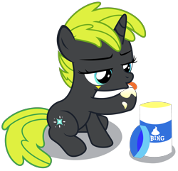 Size: 3730x3590 | Tagged: safe, artist:strategypony, oc, oc only, oc:bright dawn, pony, unicorn, bing bong, female, filly, foal, food, horn, licking, mayonnaise, sauce, simple background, subverted meme, tongue out, transparent background, unicorn oc
