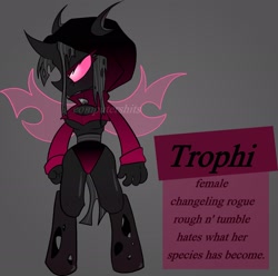 Size: 2339x2318 | Tagged: safe, artist:computershits, oc, oc only, oc:trophi, changeling, anthro, unguligrade anthro, boob window, changeling oc, clothes, female, hoodie, pink eyes, reference sheet, solo, spread wings, wings
