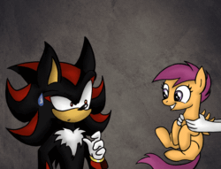 Size: 700x534 | Tagged: safe, artist:rainbowspine, scootaloo, hedgehog, pegasus, pony, ask shadouge, g4, animated, crossover, female, filly, foal, gif, grin, looking at each other, looking at someone, male, offscreen character, shadow the hedgehog, smiling, sonic the hedgehog, sonic the hedgehog (series), sweat, sweatdrop