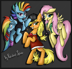 Size: 1070x1020 | Tagged: safe, artist:rainbowspine, applejack, fluttershy, rainbow dash, earth pony, pegasus, pony, g4, clothes, female, mare