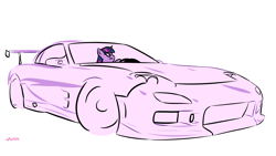 Size: 3840x2160 | Tagged: safe, artist:purblehoers, twilight sparkle, pony, unicorn, g4, car, drifting, driving, female, frown, glare, high res, hoof hold, mare, mazda, mazda rx-7, minimalist, serious, serious face, simple background, sketch, solo, unicorn twilight, white background