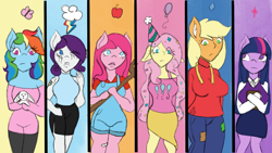 Size: 2000x1124 | Tagged: safe, artist:mintymelody, applejack, fluttershy, pinkie pie, rainbow dash, rarity, twilight sparkle, anthro, g4, makeup, mane six, running makeup, swapped cutie marks, what my cutie mark is telling me