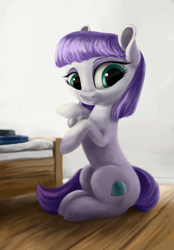 Size: 2206x3170 | Tagged: safe, artist:flusanix, maud pie, earth pony, pony, g4, bed, cute, female, heart, high res, looking at you, mare, maudabetes, rock, sitting, smiling, solo, when she smiles