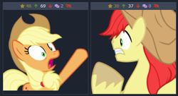 Size: 519x282 | Tagged: safe, artist:enrique zx, artist:frownfactory, derpibooru exclusive, edit, editor:enrique zx, applejack, bright mac, earth pony, pony, derpibooru, g4, 2022, applejack's hat, bright mac's hat, child, cowboy hat, daughter, father, father and child, father and daughter, female, hat, juxtaposition, male, mare, meta, reunion, stallion, the apple family meets again