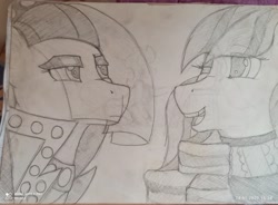 Size: 2739x2013 | Tagged: safe, artist:goldfox, coloratura, earth pony, pony, g4, countess coloratura, duality, high res, monochrome, one eye closed, open mouth, open smile, rara, self paradox, self ponidox, sketch, smiling, traditional art, wink