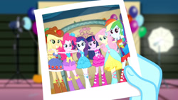 Size: 3410x1920 | Tagged: safe, screencap, applejack, fluttershy, photo finish, pinkie pie, rainbow dash, rarity, twilight sparkle, a photo booth story, equestria girls, g4, my little pony equestria girls: summertime shorts, balloon, bare shoulders, belt, boots, clothes, cutie mark on clothes, fall formal outfits, female, grin, hairpin, hand on hip, high res, humane five, humane six, offscreen character, photo, shoes, sleeveless, smiling, strapless, twilight ball dress