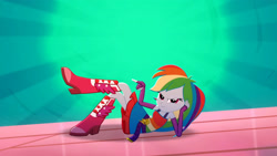 Size: 3410x1920 | Tagged: safe, screencap, rainbow dash, equestria girls, g4, my little pony equestria girls: summertime shorts, raise this roof, bare shoulders, belt, boots, clothes, cutie mark on clothes, draw me like one of your french girls, dress, faic, fall formal outfits, female, fingerless gloves, gloves, high res, looking at you, lying down, multicolored hair, on back, rainbow dash always dresses in style, rainbow hair, sexy, shoes, sleeveless, smiling, smiling at you, smirk, smug, smugdash, solo
