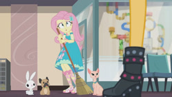 Size: 3410x1920 | Tagged: safe, screencap, angel bunny, fluttershy, sunset shimmer, dog, rabbit, equestria girls, g4, my little pony equestria girls: better together, so much more to me, :o, animal, boots, broom, clothes, cutie mark on clothes, female, fluttershy boho dress, geode of fauna, hairpin, high res, jewelry, leather, leather boots, magical geodes, male, necklace, open mouth, puppy, sandals, shoes