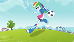 Size: 3410x1920 | Tagged: safe, screencap, rainbow dash, equestria girls, g4, my little pony equestria girls, boots, female, football, high res, shoes, solo, sports