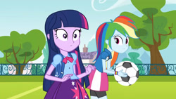 Size: 3410x1920 | Tagged: safe, screencap, rainbow dash, twilight sparkle, equestria girls, g4, my little pony equestria girls, backpack, clothes, cutie mark on clothes, duo, duo female, female, football, high res, smiling, sports, tree