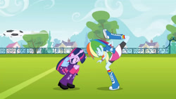 Size: 3410x1920 | Tagged: safe, screencap, rainbow dash, twilight sparkle, equestria girls, g4, my little pony equestria girls, backpack, boots, clothes, cutie mark on clothes, duo, duo female, eyes closed, female, football, high res, shoes, smiling, sports