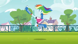 Size: 3410x1920 | Tagged: safe, screencap, rainbow dash, equestria girls, g4, my little pony equestria girls, boots, clothes, cutie mark on clothes, eyes closed, female, grin, high res, shoes, smiling, solo, tree