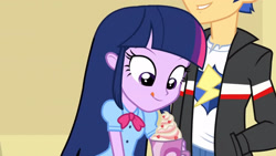Size: 3410x1920 | Tagged: safe, screencap, flash sentry, twilight sparkle, equestria girls, g4, my little pony equestria girls, :p, clothes, cutie mark on clothes, duo, female, high res, jacket, male, out of context, tongue out