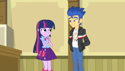 Size: 3410x1920 | Tagged: safe, screencap, flash sentry, twilight sparkle, equestria girls, g4, my little pony equestria girls, clothes, cutie mark on clothes, duo, female, high res, jacket, lip bite, male, smiling