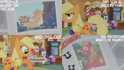 Size: 1280x720 | Tagged: safe, edit, edited screencap, editor:quoterific, screencap, applejack, big macintosh, fluttershy, pinkie pie, rarity, smarty pants, twilight sparkle, earth pony, pegasus, pony, unicorn, g4, ponyville confidential, season 2, apple, applejack's hat, bucket, cowboy hat, eyes closed, female, food, hat, male, mare, newspaper, offscreen character, sleeping, smiling, stallion, sugarcube corner, tree, unicorn twilight