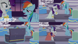 Size: 1280x720 | Tagged: safe, edit, edited screencap, editor:quoterific, screencap, rainbow dash, rarity, pegasus, pony, unicorn, g4, rarity investigates, season 5, clothes, dress, duo, eyes closed, female, flying, grin, mare, open mouth, open smile, smiling, spread wings, wings