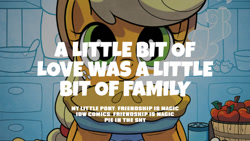 Size: 1280x720 | Tagged: safe, edit, editor:quoterific, idw, applejack, earth pony, pony, g4, apple, applejack's hat, bucket, cowboy hat, cute, food, hat, jackabetes, pie, pie in the sky, smiling, solo, text