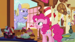 Size: 640x360 | Tagged: safe, screencap, cloud kicker, discord, pinkie pie, draconequus, earth pony, pegasus, pony, make new friends but keep discord, season 5, animated, box, cute, diapinkes, exclamation point, female, flying, gif, gifs.com, male, mare, metal gear, open mouth, open smile, smiling, spread wings, sugarcube corner, warning, wings