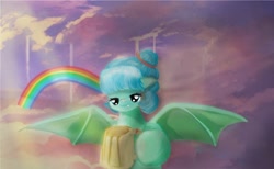 Size: 1200x739 | Tagged: safe, oc, oc only, bat pony, pony, bat pony oc, bat wings, cloud, collaboration, cup, cute, eyelashes, fangs, female, floppy ears, hoof hold, juice, lidded eyes, mare, outdoors, rainbow, smiling, solo, spread wings, sunlight, wings