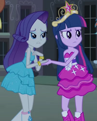 Size: 1920x2385 | Tagged: safe, screencap, applejack, rainbow dash, rarity, twilight sparkle, equestria girls, g4, my little pony equestria girls, bare shoulders, big crown thingy, boots, bracelet, canterlot high, cowboy hat, cropped, duo focus, element of magic, fall formal outfits, female, hat, jewelry, night, offscreen character, regalia, shoes, sleeveless, strapless, twilight ball dress