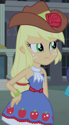 Size: 1920x3453 | Tagged: safe, screencap, applejack, rarity, equestria girls, g4, my little pony equestria girls, bare shoulders, canterlot high, cowboy hat, cropped, fall formal outfits, female, hand on hip, hat, night, offscreen character, sleeveless, solo focus, strapless